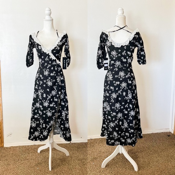 For Love & Lemons Sample Black Floral Open Front V-Neck Midi Dress - Picture 2 of 11